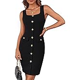 GRACE KARIN 2025 Women's Buttons Belted Square Neck Business Work Dress Sleeveless Bodycon Midi Dress