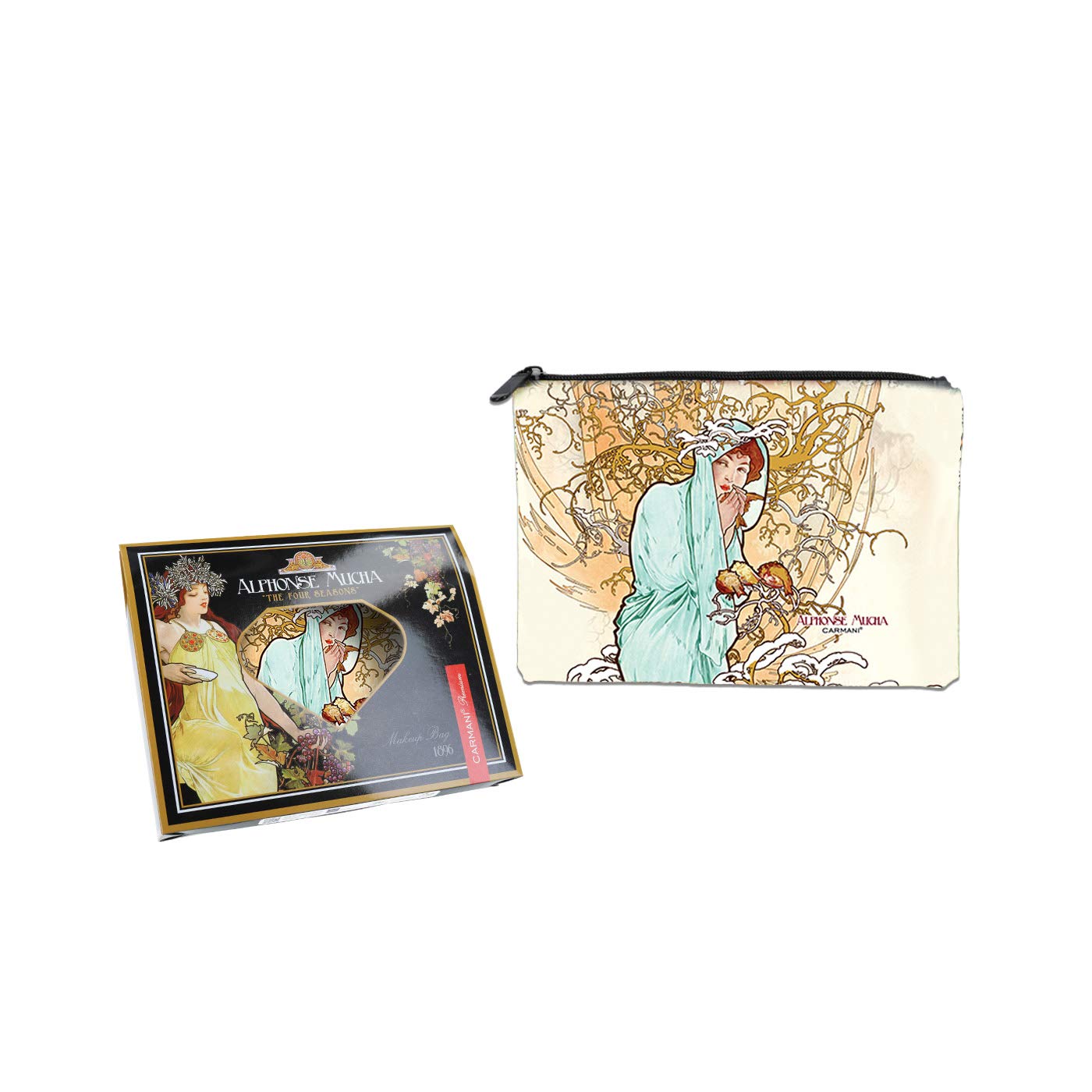 CARMANI - Medium Ladies Makeup Bag, Travel Pouch, Handbag Organizer, Cash Coin Purse, Multifunction Toiletry Storage Pouch for Women with Alphonse Mucha "Four Season Winter"