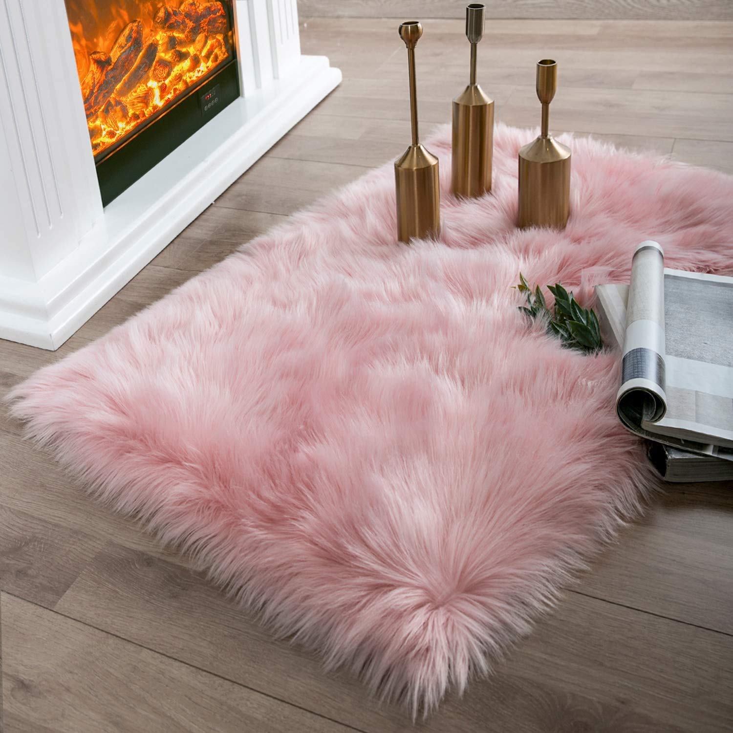 Ashler Faux Fur Pink Rectangle Area Rug Indoor Ultra Soft Fluffy Bedroom Floor Sofa Living Room 2 x 3 Feet