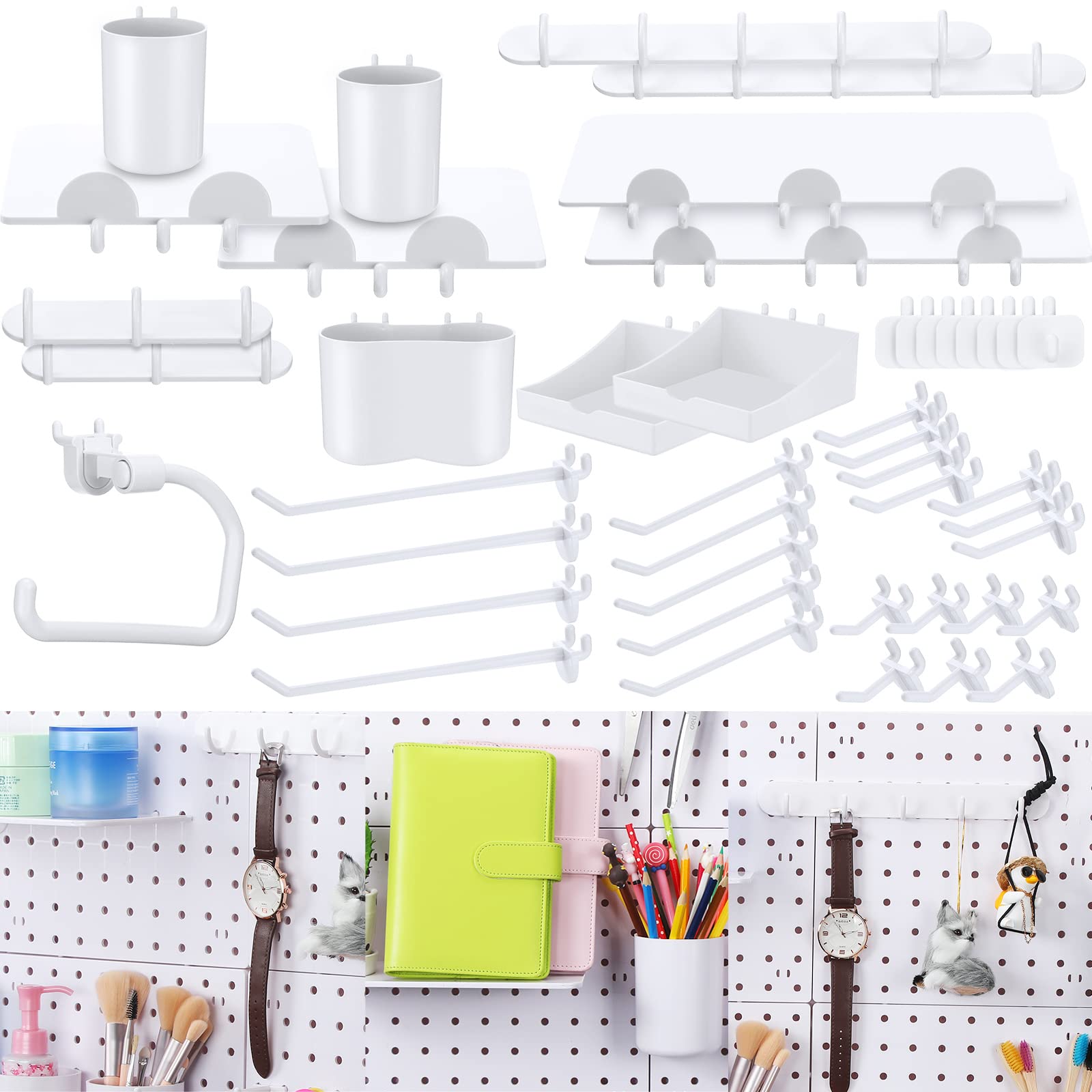 Photo 1 of 44 Pieces Pegboard Combination Kit Wall Mount Pegboard Panel Kits Includes Pegboard Hook Accessories Cups Brackets Storage Rack and Pegboard Box for Kitchen Living Room Bathroom Office
