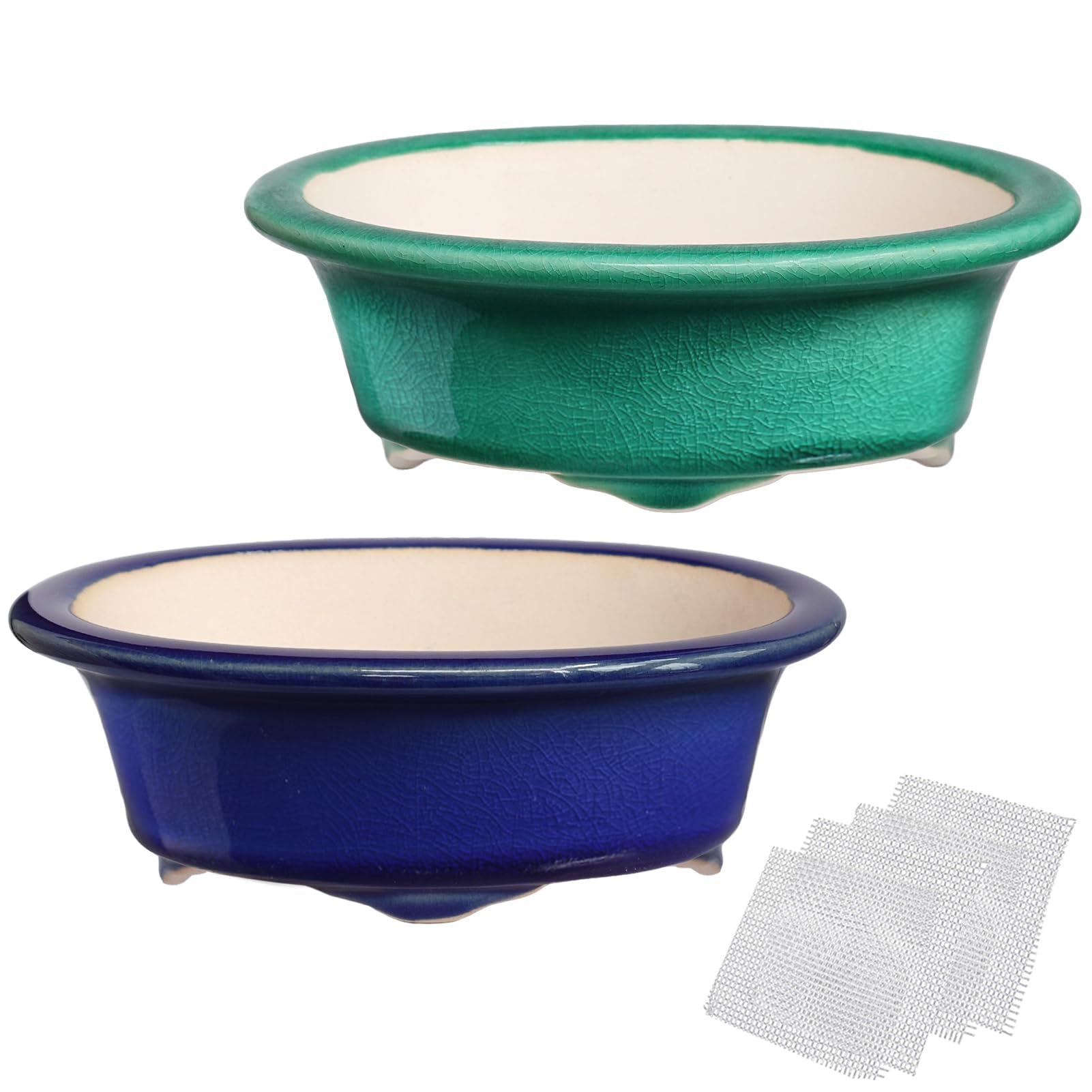 Set of 2 Zisha White Clay Bonsai Pot Glazed Shallow Succulent Planter Blue Green