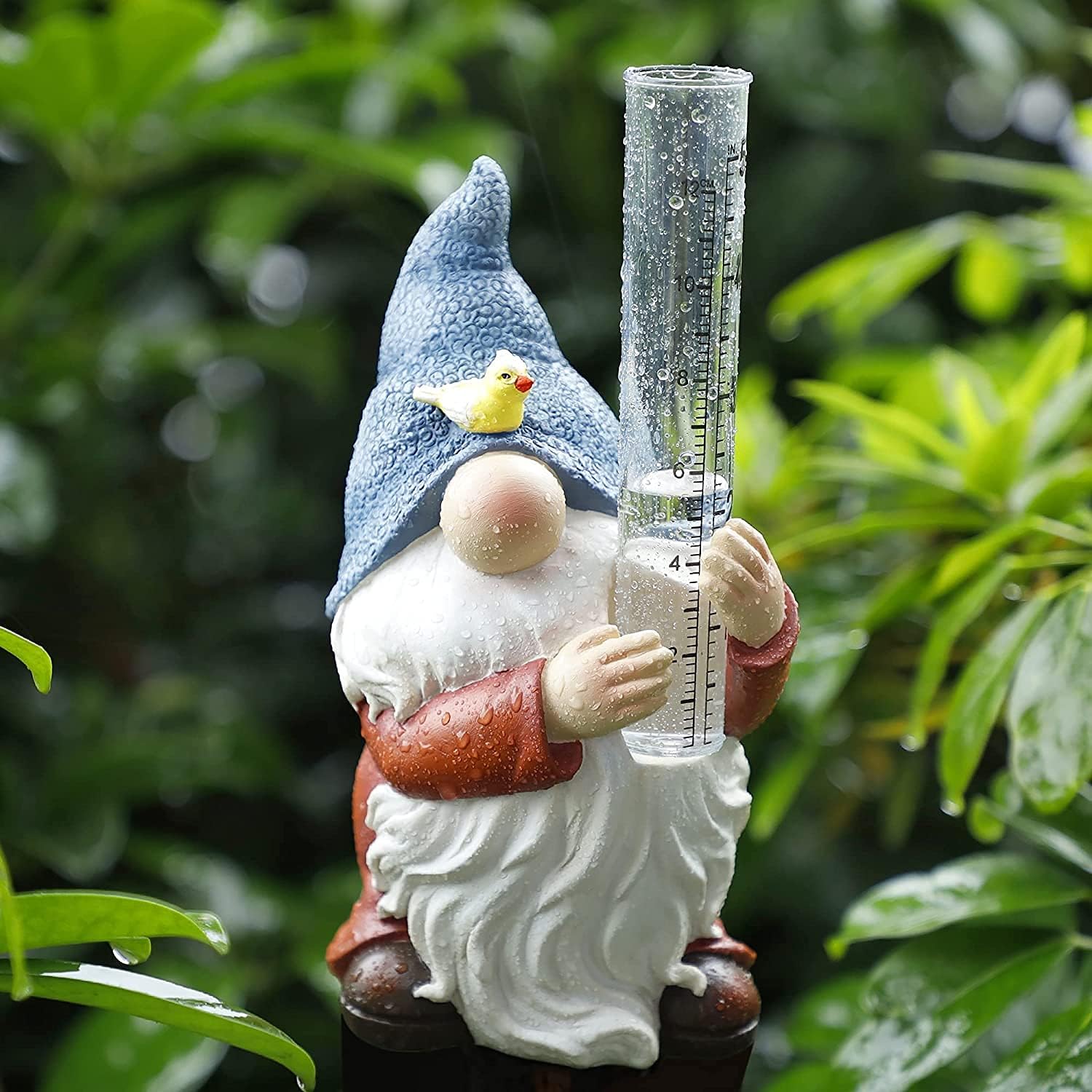 Xboschi Rain Gauges Outdoor,Resin Gnome Garden Statue and Hand-Painted Rain Gauge Outdoor Garden Decoration with A Plastic Rain Gauge,Gnome Sculpture Water Gauge for Rain(1, Rain Gauge20CM)