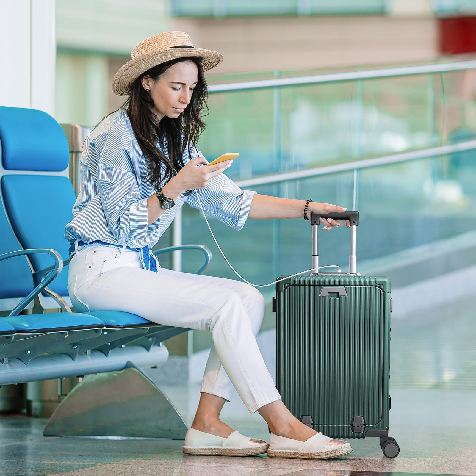 Carry On Luggage with Cup Holder and Usb Port, Aluminum Frame, Front Compartment, TSA Lock, 22x14x9 Airline Approved Hardside Suitcase with Spinner Wheels(Dark Green, 20-lnch)