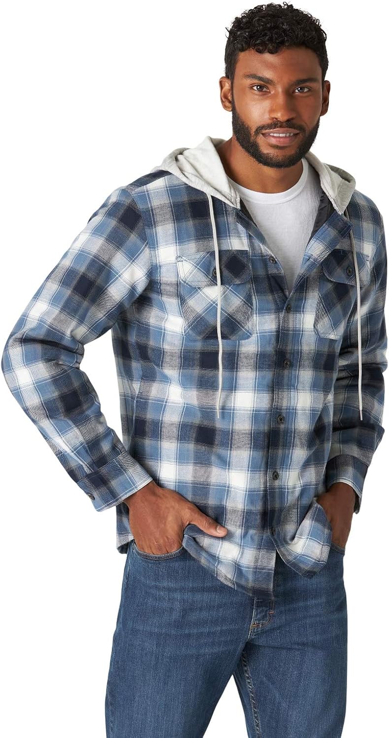 Wrangler Authentics Men's Long Sleeve Quilted Lined Flannel Shirt Jacket With Hood at  Men’s Clothing store