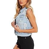 MISS MOLY Women's Ripped Denim Vest Cropped Distressed Classic Sleeveless Jean Vest Jackets With Flap Pockets