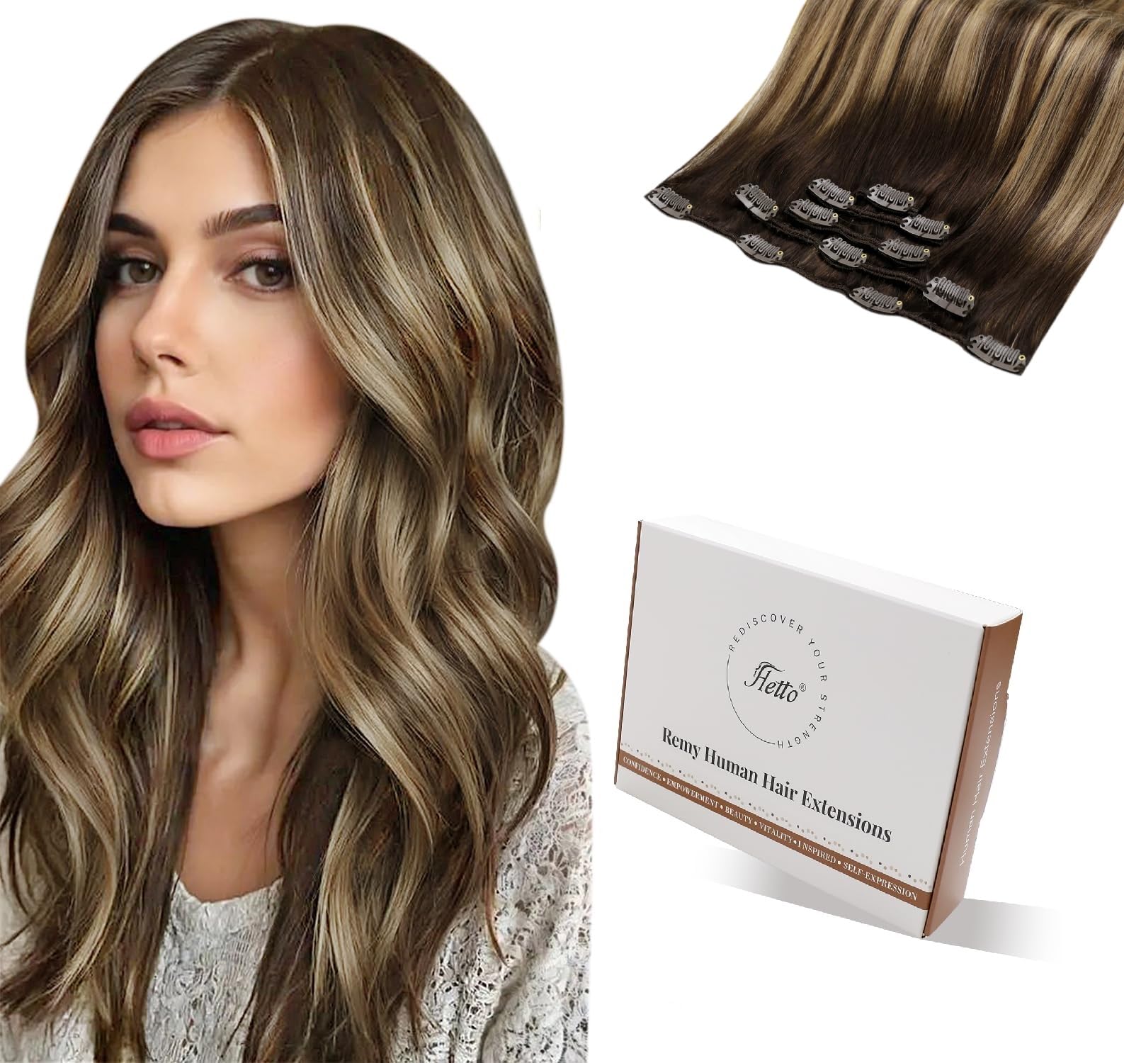 Hetto Clip in Hair Extensions Real Human Hair Balayage Brown Mix Blonde - Comfortable Human Hair Clip in Extensions, Ombre Brown to Blonde Hair Thick Volume 12 Inch 5pcs 80g #4/27/4