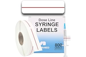 MERMED Syringe Dose Line Labels - Clear Poly Stickers with Red Dosage Marker Line - 800/Roll (12mm x 40mm / 0.5" x 1.5") in Dispense Box. Permanent Latex-Free Adhesive - Veterinary, Medical & Pharmacy Use