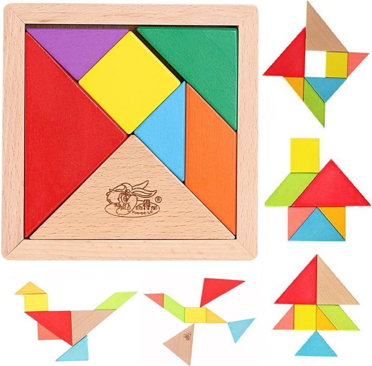MousePotato 7 pc Wooden Tangram Puzzle with tray Brain Development toy