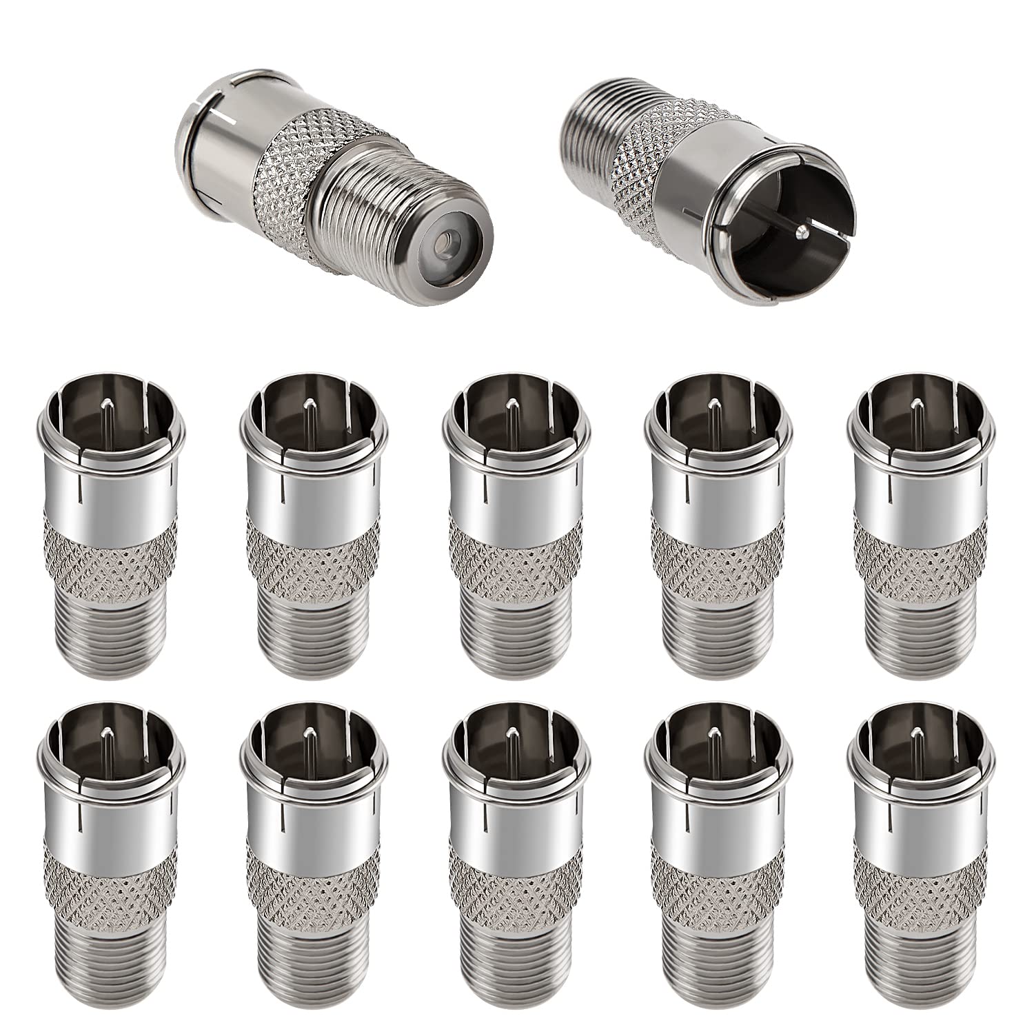 KUOQIY 12 PCS F Male to F Female Push-on Connector, F-Quick F-Socket to F-Plug Coaxial Adapter for RG58 RG59 RG6 RG11, F-Type Quick Push-On Coupler for TV Antenna Coaxial Cable, Nickel-Plated