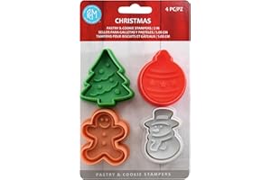 R&M Christmas Pastry & Cookie Cutter Set of 4. Assorted Designs and Colors, Christmas Tree, Ornament, Gingerbread Man, Snowma