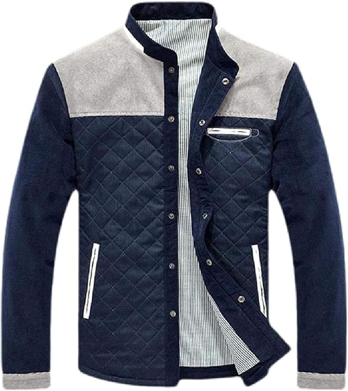 Men's Button Down Quilted Padded Contrast Color Slim Stand Collar