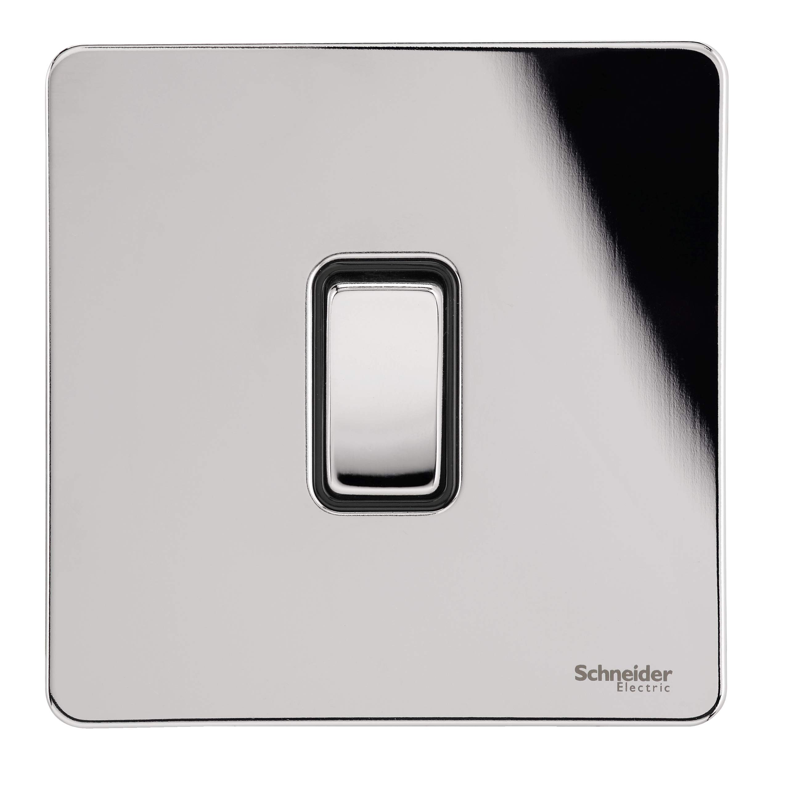 Schneider Electric Ultimate Screwless Flat Plate - Single 2 Way Light Switch, 16AX, GU1412BPC, Polished Chrome with Black Insert