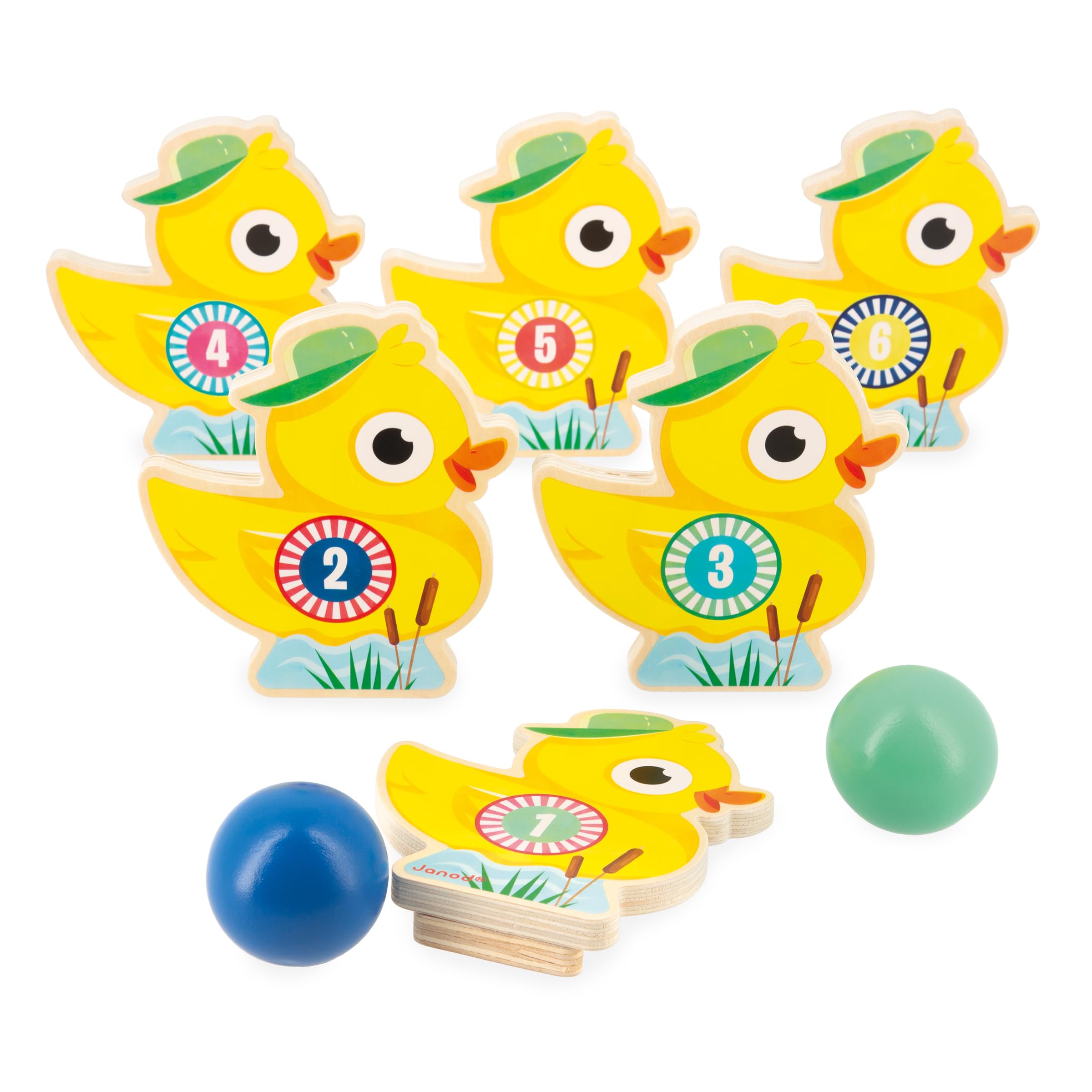 Janod - Applepop Children’s Skittles Set - Game of Skill - 6 Duck Skittles + 2 Balls - FSC Wood Toy - Develops Dexterity - 3 Years +, J03364
