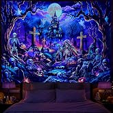 Amonercvita Blacklight Skull Tapestry UV Reactive Halloween Skeleton Tapestry Neon Ghost Castle Tapestries Psychedelic Galaxy Space Tapestries Horror Wall Hanging for Bedroom Decor