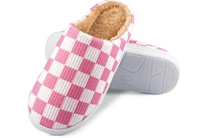 BUNYISCN Checkered Slippers for Women Men Memory Foam Slippers for Womens Checkered Slippers Casual Soft Warm Bedroom Slippers with Faux Fur Lining Indoor Outdoor Pink Fuzzy White Black House Slippers for Woman Size 8 9