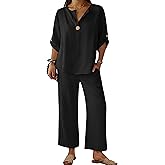 ANRABESS Womens Summer 2 Piece Lounge Sets 3/4 Sleeve V Neck Top Wide Leg Palazzo Pants Set 2026 Beach Travel Outfits