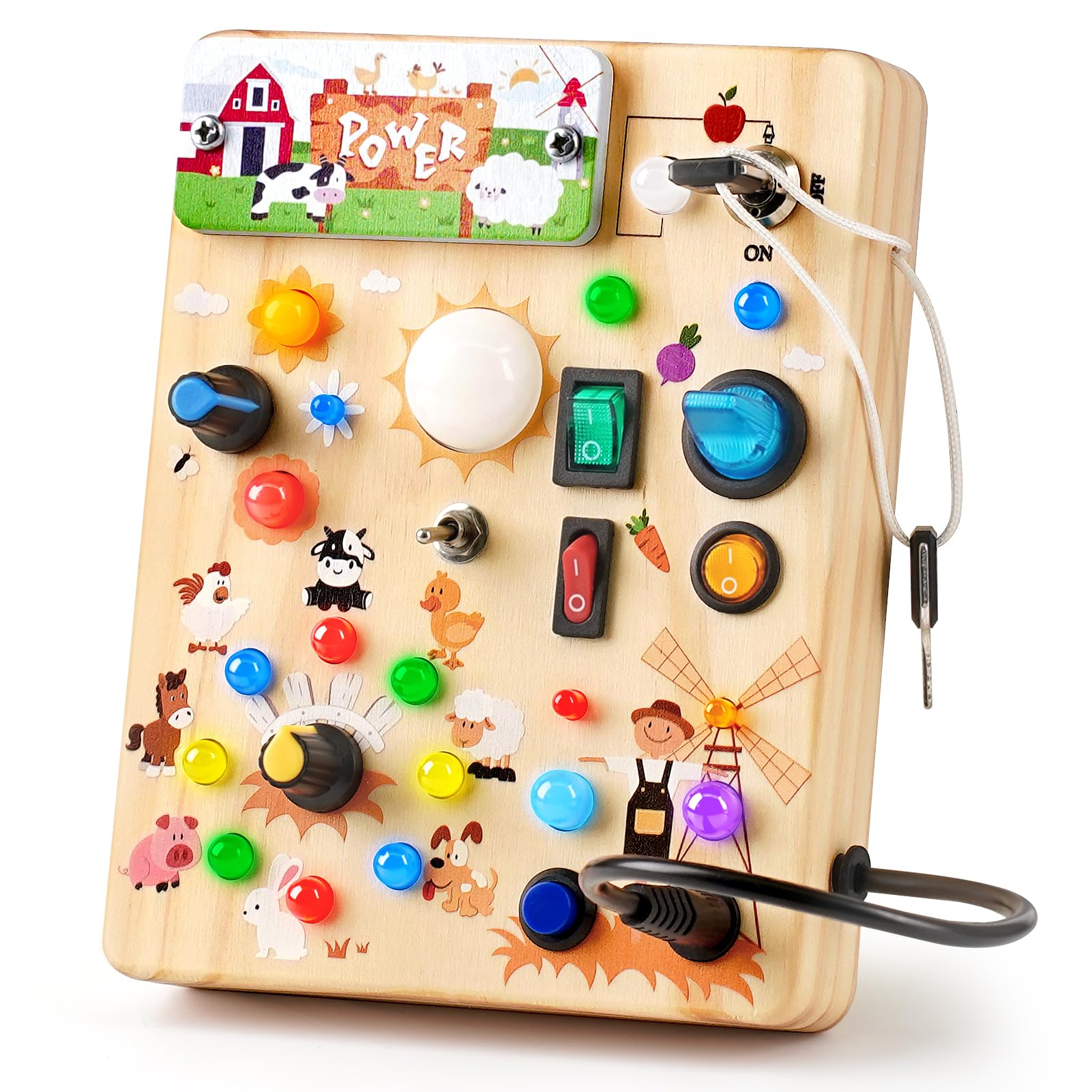 Photo 1 of Joyreal Wooden Busy Board with LED Light, Montessori Toddler Toys, Wooden Sensory Board, Toddlers Activity Travel Toys for Boy & Girl Birthday Gift (Farm Theme)
