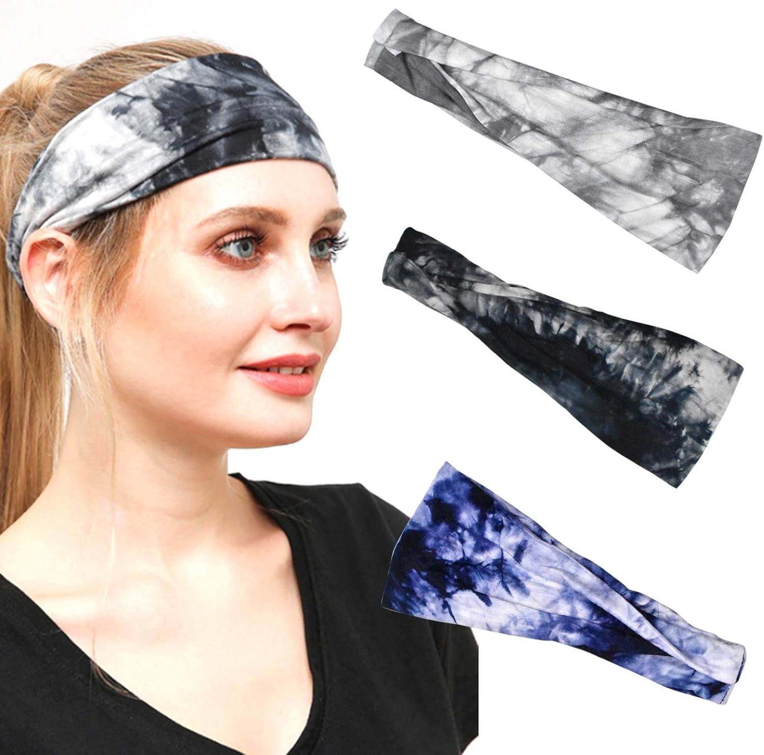Jinlaili 3PCS Cotton Yoga Headbands, Tie Dye Elastic Non Slip Sweat Headbands, Women Workout