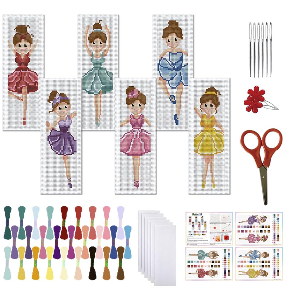 FREEBLOSS 6 Set Cross Stitch Kits with Instructions - Cartoon Ballerina Pattern Punch Needle Kit for Beginners - Bookmark Making Kit for Gift — image 1