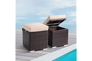 PATIO NOVAGARDEN Outdoor Ottoman for Patio, Rattan Wicker Ottoman with Storage Outdoor Foot Rest Footstool seat for Patio Furniture w/Removeable Extra Thick Cushion for Balcony Backyard Garden Poolside Set of 2 Beige