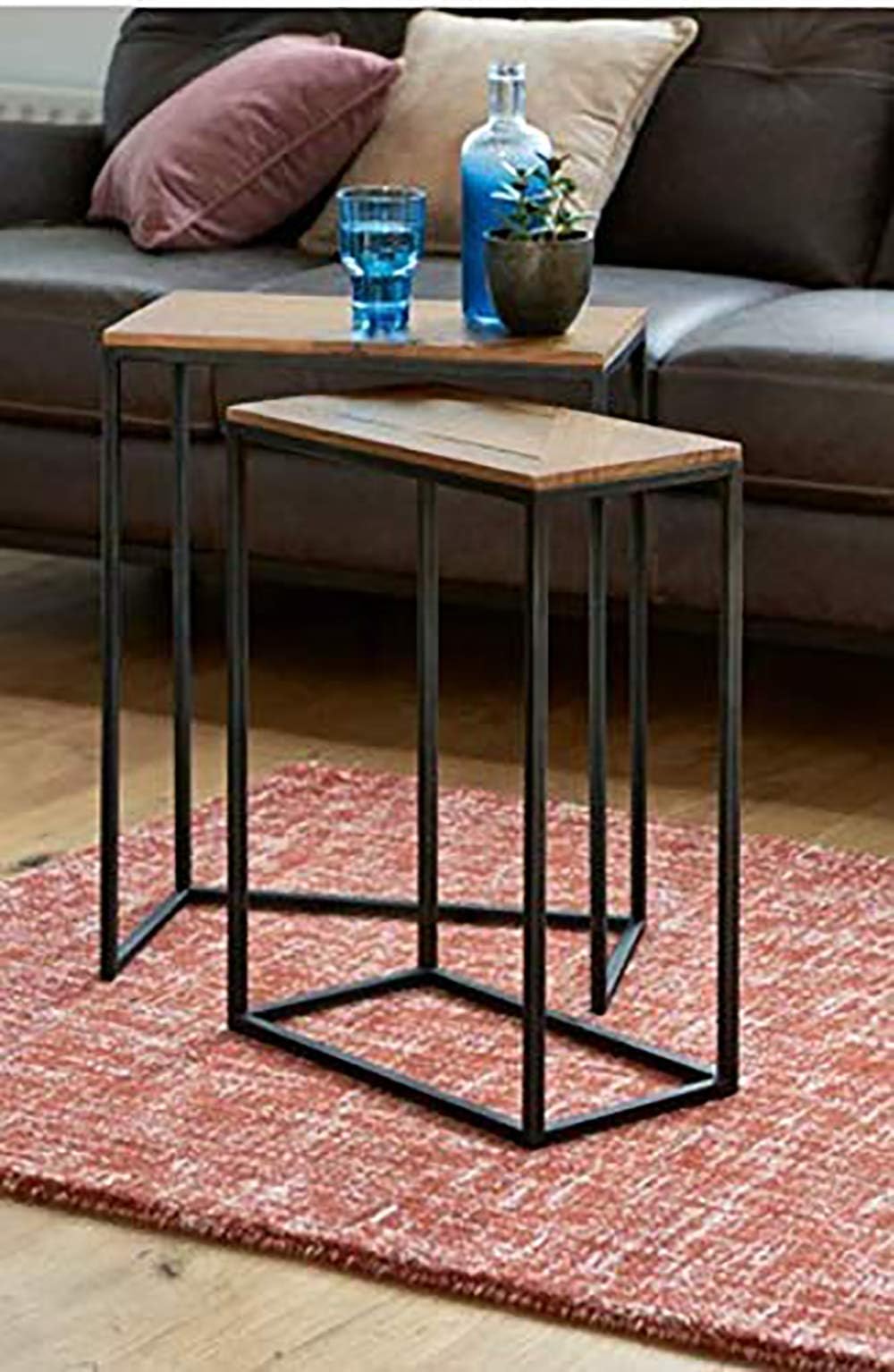 Homey Essense Wood & Iron Small Nesting Table for Living Room Home Decor Set of 2 (Brown&Black)