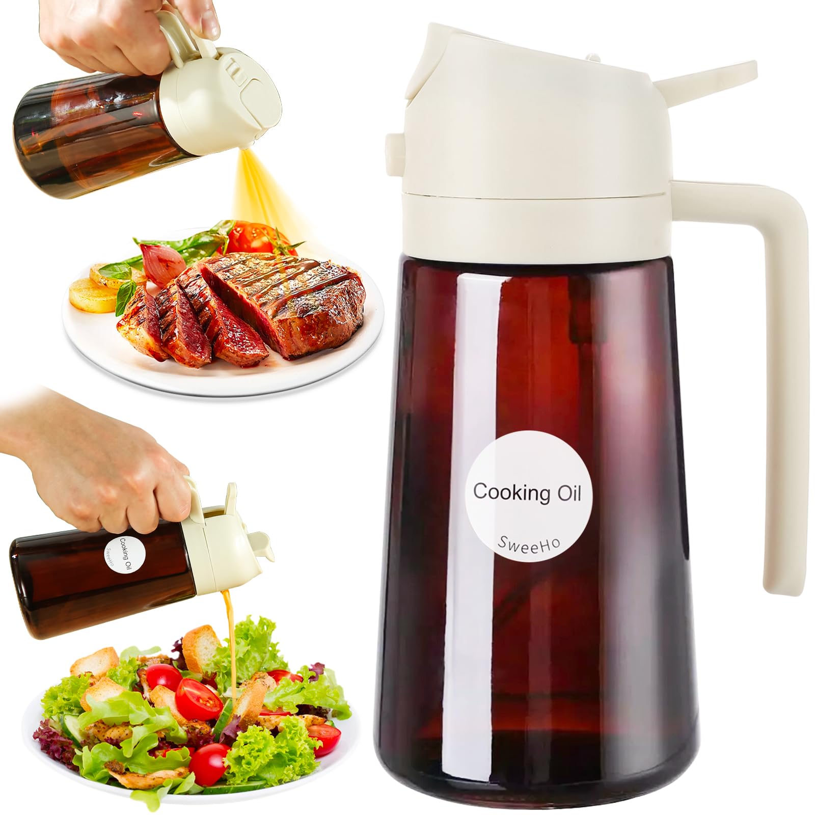 Photo 1 of SweeHo Oil Sprayer for Cooking,470ml Cooking Olive Oil Sprayer and Oil Dispenser 2 In 1, Food-grade Glass Oil Spray Bottle Mister for Air Ffyer, BBQ, Griddle (Creamy+Dark Brown)