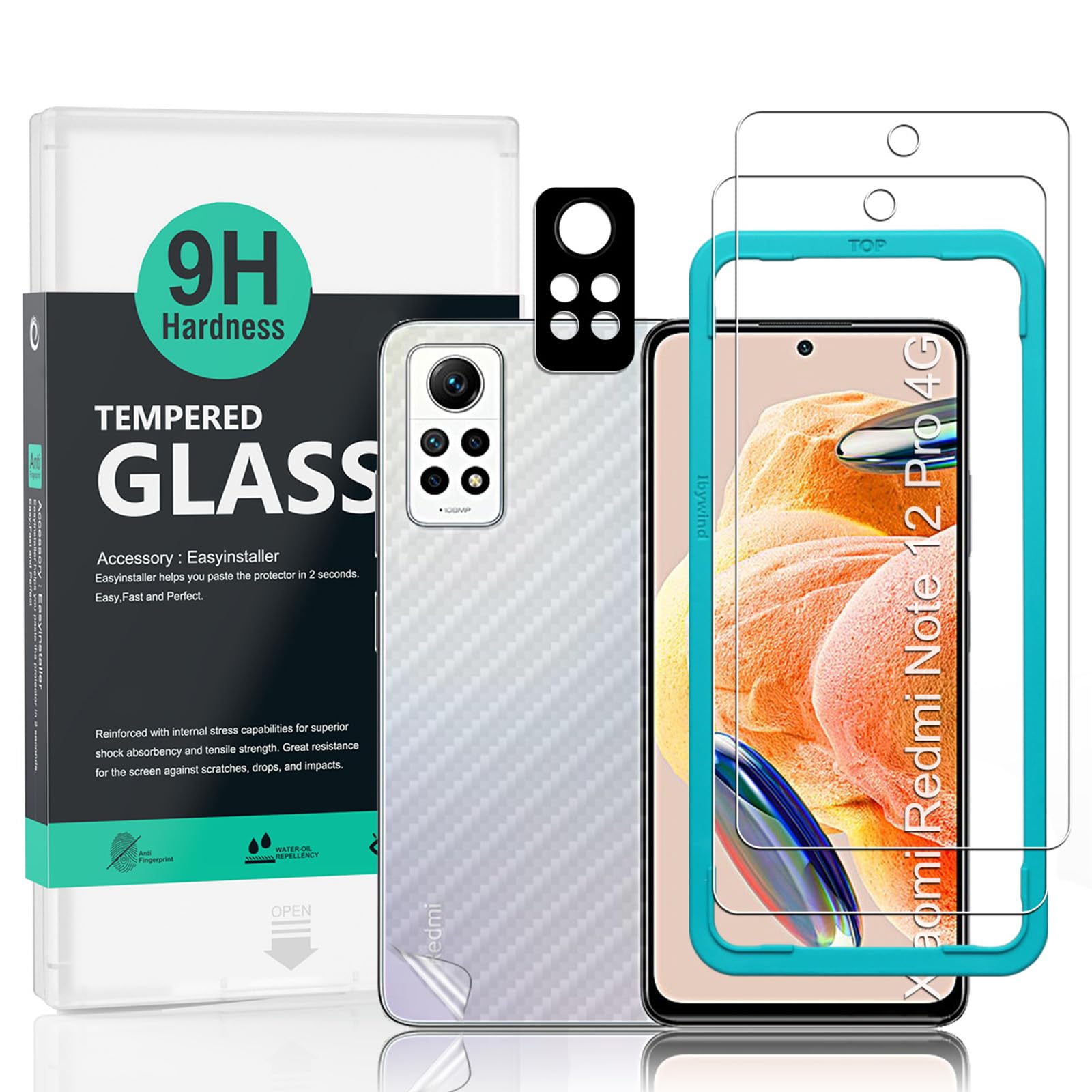 Ibywind Screen Protector (2 Pack) For Xiaomi Redmi Note 12 Pro 4G,9H Hardness Tempered Glass,With 1Pc Metal Camera Lens Protector,1Pc Back Protector,Easy to Install