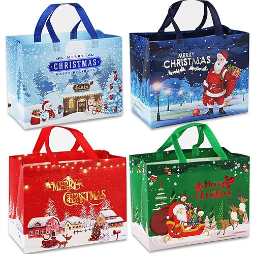 4 Pack Christmas Bags, Reusable Grocery Bag Tote Bag Gift with Handle Gift Present Bag Shopping Bag for Holiday Xmas Event Party