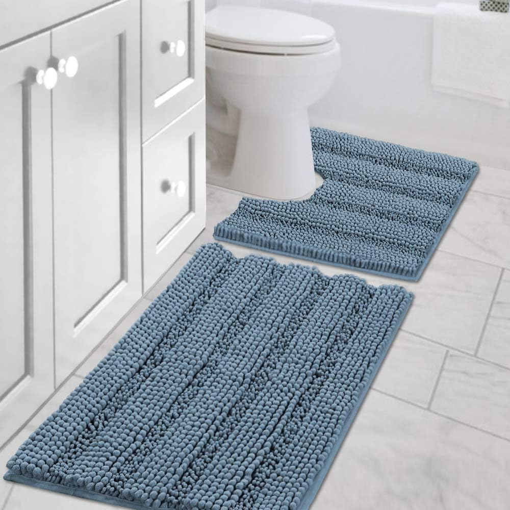 Bathroom Rugs Luxury Chenille 2 Piece Mats Soft Plush Striped 32''x20'' Bath Rug + 20''x20'' Toilet Mat Microfiber Shaggy Carpet, Super Absorbent Mats, Machine Washable(Curved Set, Stone Blue): Home & Kitchen