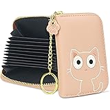 Conisy Cute Credit Card Holder for Women, RFID Leather Small Card Holder Wallet with Removable Keychain Wristlet (pink cat)