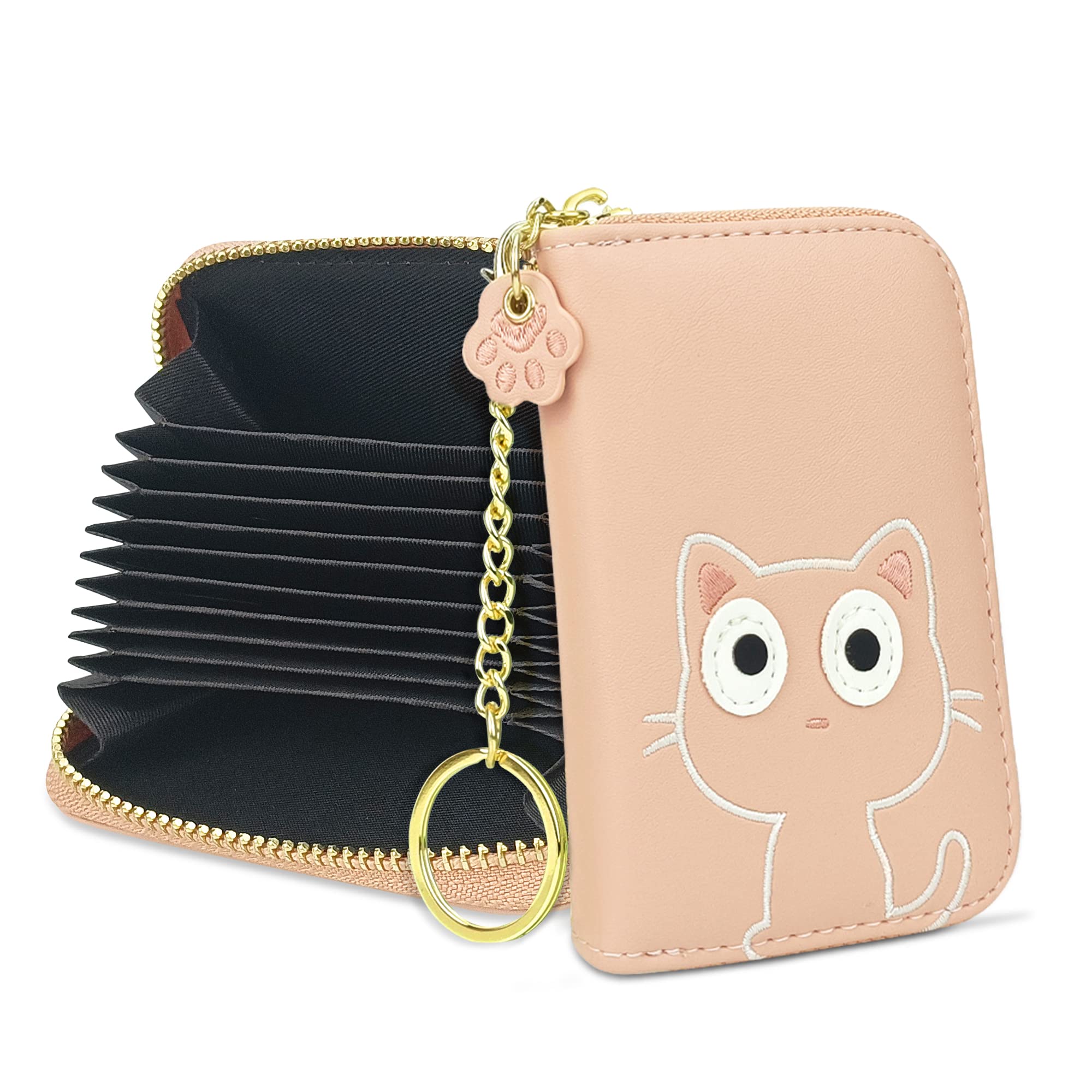 conisy Cute Credit Card Holder for Women,Small Leather Zipper RFID Blocking Card Holder Wallet with Removable Keychain (Pink cat)