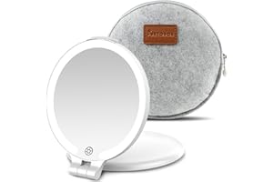 FUNTOUCH Travel Magnifying Mirror with Light, Rechargeable 1X/10X Double Sided Makeup Mirror with Lights, 3 Lighting Modes, Foldable Portable Travel Essential Vanity Mirror with Bag