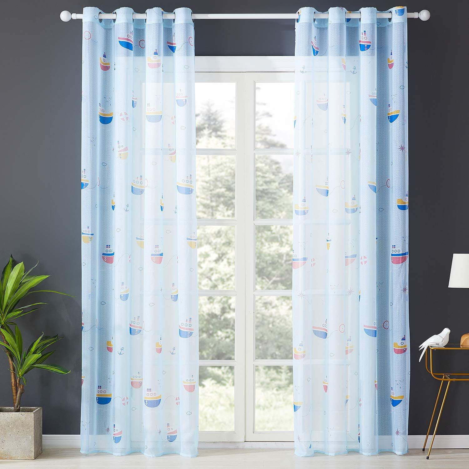 Topfinel Faux Linen Semi Voile Eyelet Printed Kids Curtains for