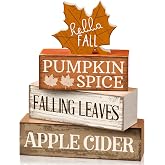 Moucuny 4 Pcs Fall Decor Wooden Maple Leaf Decoration Thanksgiving Decor | Rustic Stackable Blocks with Apple Cider Leaves Sayings,Thanksgiving Table Centerpiece, Farmhouse for Autumn Harvest Party