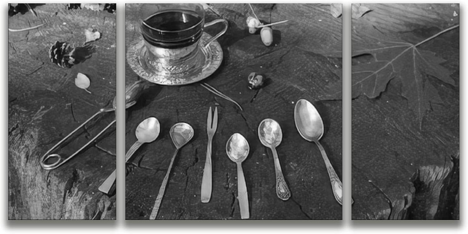 A variety of cutlery old silver and gilded spoons a fork and tongs Wall Art Home Decor Black and White wall art Print On Canvas Art Work Stretched & Framed Hanging Posters for Living Room 3 Panel
