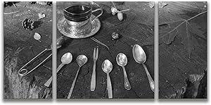 A variety of cutlery old silver and gilded spoons a fork and tongs Wall Art Home Decor Black and White wall art Print On Canvas Art Work Stretched & Framed Hanging Posters for Living Room 3 Panel