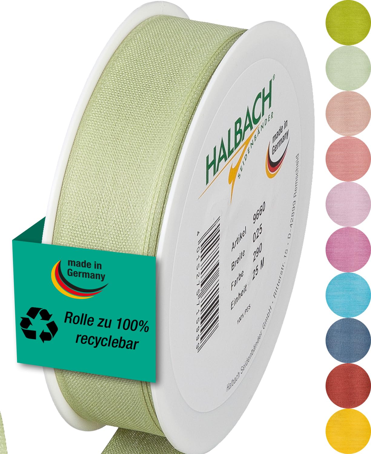 Halbach Seidenbänder Gift Ribbon, Width 25 mm, Length 25 m, Ribbon Made in Germany, Gift Ribbons in a Variety of Colours and Widths Perfect for Packaging and Decorating, Colour: Pale Green