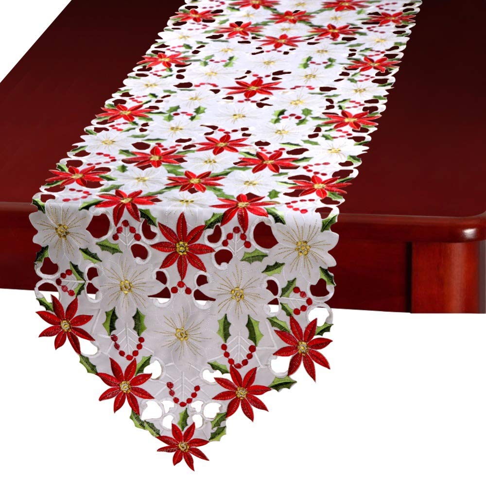 SUNTRADE Christmas Rectangle Embroidered Table Runners,Luxury Poinsettia and Holly Table Runner for Christmas Decorations,15 x 69 inch