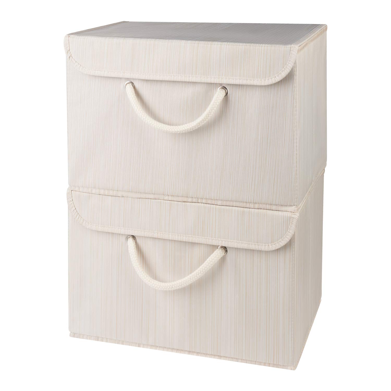 Beige Fabric Storage Boxes with lids. Stackable and Foldable. For wardrobes, shelves, clothes, bedroom, office, cupboard, keepsake memory box, crafts, toys, shoes, socks. Rope Handle 2pk 37x25x25cm
