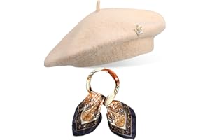 Jamntower 3 Pcs Wool Beret Solid Color French Beanie Hat with Silky Scarf Brooch for Women Girls Gift