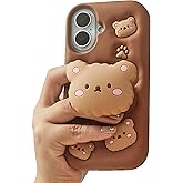 TUFTA Kawaii 3D Teddy Bear Pop-Up Stand and Grip Phone Case for iPhone 17, Cute Girly Cartoon Soft Silicone Phone Cover for Girls, Kids, Teens, and Women, Brown