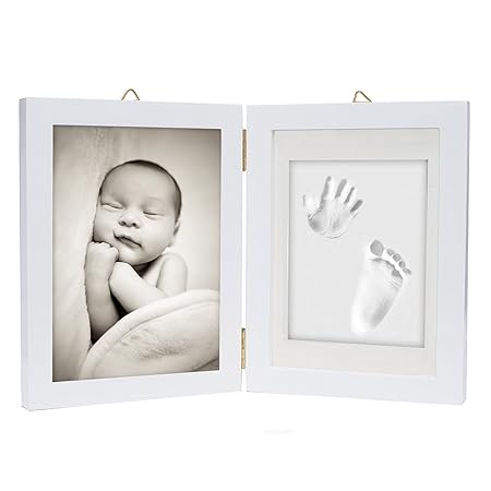 Baby Handabdruck & Fußabdruck im Bilderrahmen – 3D Ton, weiß & lufttrocknend als Neugeborenen Geschenk im Premium Holz Rahmen