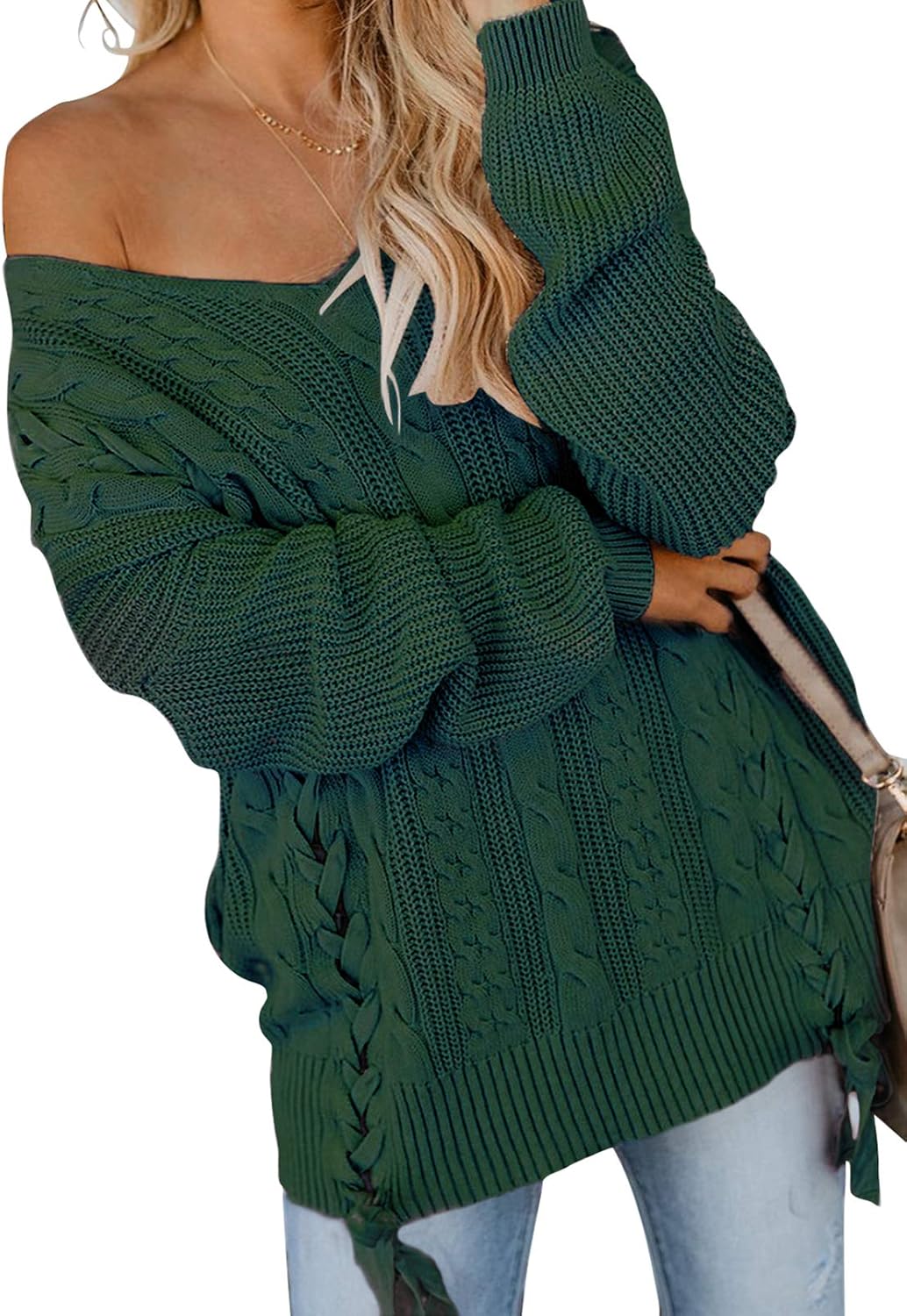 Womens Sweaters Oversized Cable Knit Sweater Winter Solid Tie Bow V