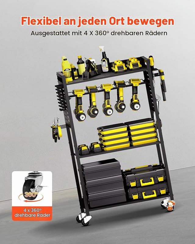 Werkzeugwagen mit 4 Ebenen, Tragkraft 68 kg, Werkstattwagen mit rollbarem Bohrerhalter & stabilem Lagerregal, Montagewagen für die Garage, Werkstatt, Garage, schwarz, 560x350x970 mm