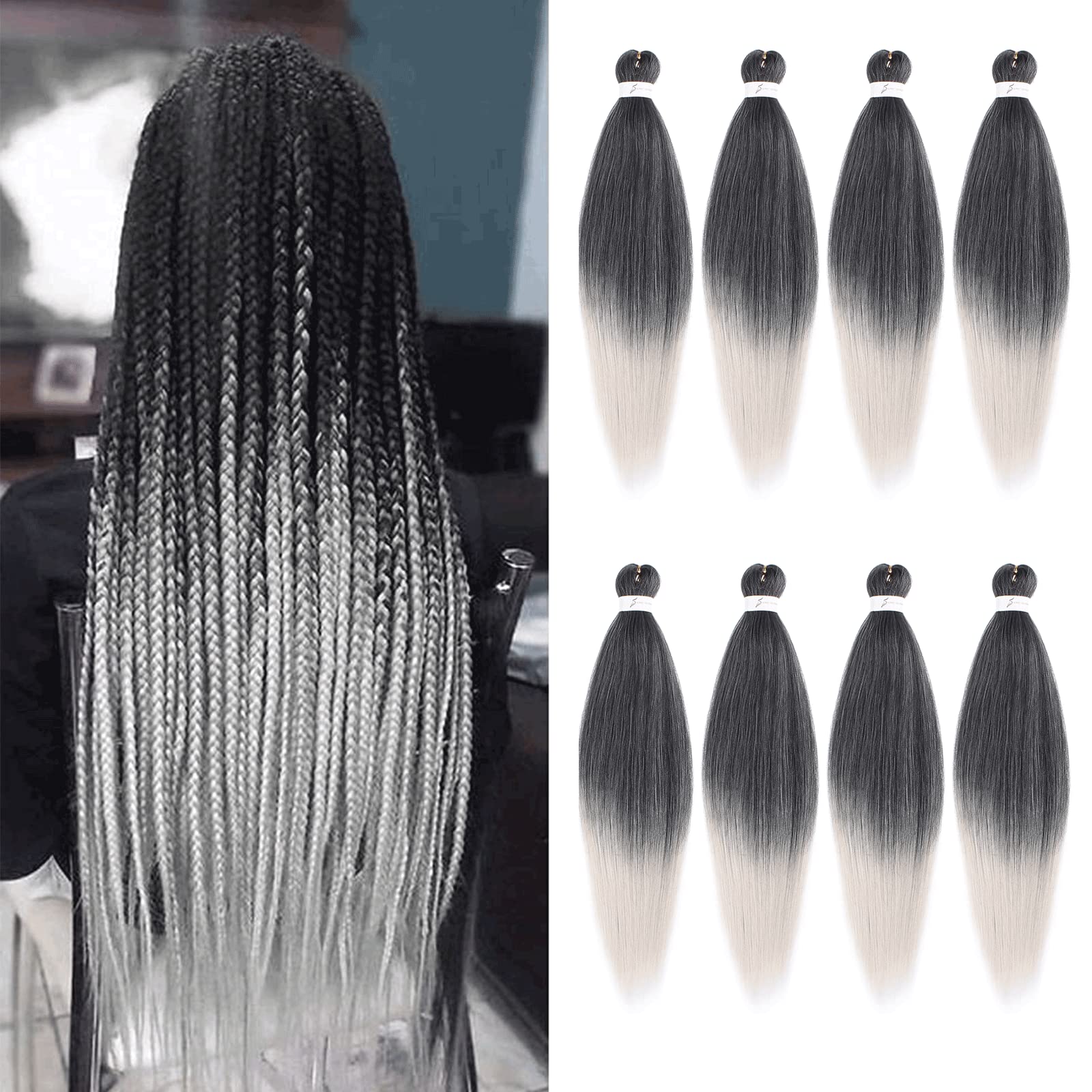 Xtrend 26 Inch 8 Packs Pre-stretched EZ Braiding Hair Professional Easy Crochet Braiding Hair Hot Water Setting Perm Yaki Synthetic Hair for Twist Braids Hot Water Setting (1B/Silver#) — image 1