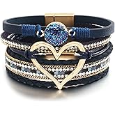 Leather Wrap Bracelet for Women Beaded Cuff Bracelet with Heart-shape Decor Bohemian Crystal Bracelet Jewelry with Clasp Bangle Bracelet for Women Girls Birthday Holiday Gift