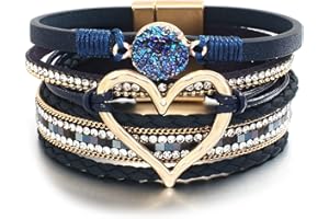 hotoo Leather Wrap Bracelet for Women Beaded Cuff Bracelet with Heart-shape Decor Bohemian Crystal Bracelet Jewelry with Clasp Bangle Bracelet for Women Girls Birthday Holiday Gift