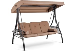 HOMREST 3 Person Outdoor Porch Swing with 1.5" Upgraded Cup Holder, Adjustable Canopy, Backrest, Patio Swing Bed with Weather Resistant Steel Frame, Cushions for Garden,Deck and Poolside(Brown)