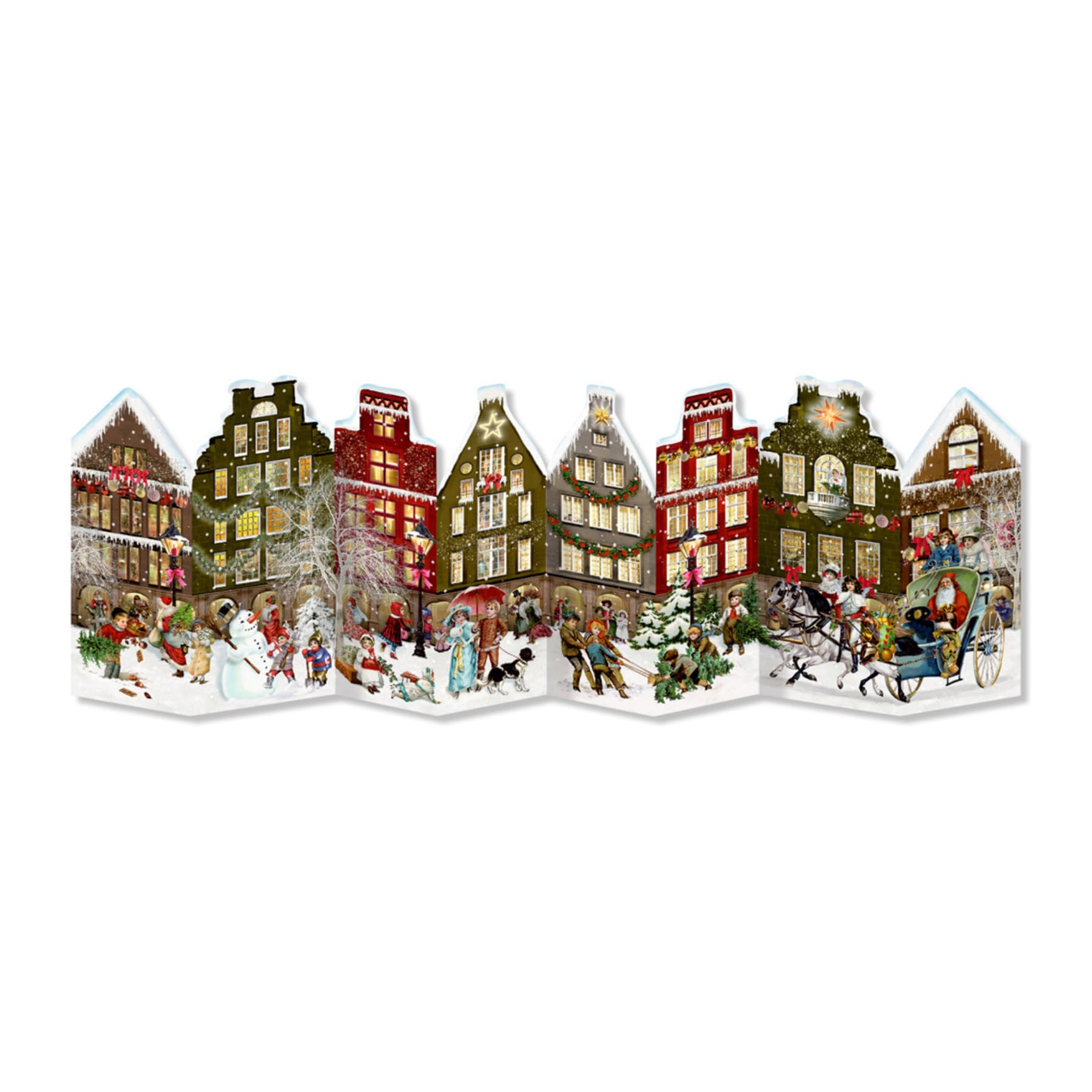 Special Advent Calendar - Free Standing European Christmas Street - Paper Holiday Countdown Calendar - Accordion Fold 84 x 29 Centimeters Unfolded