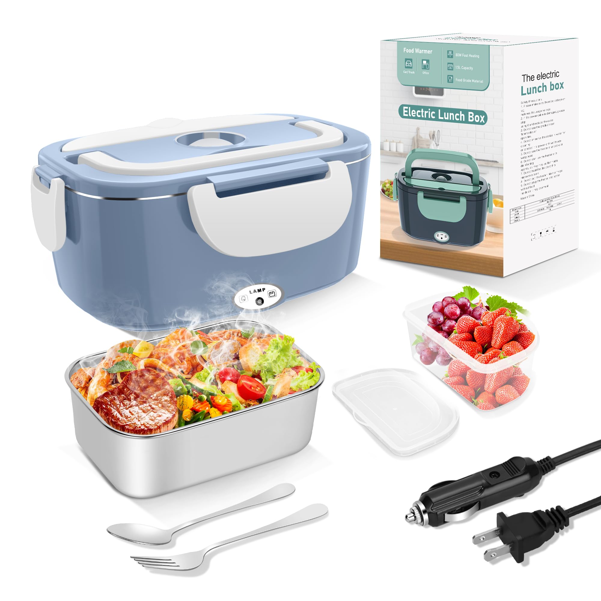 Photo 1 of Electric Heated Lunch Boxes Adults: 80W Electric Lunch Box Food Heated 12/24/110V 1.5L Heatable Lunch Box for Car/Truck/Office Leak-Proof Stainless Steel Container,Fork & Spoon,Bag (Light Blue+White)